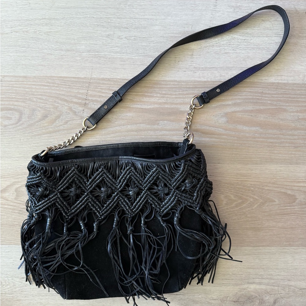 Zara Basics Black Macrame Suede Fringe Shoulder Bag